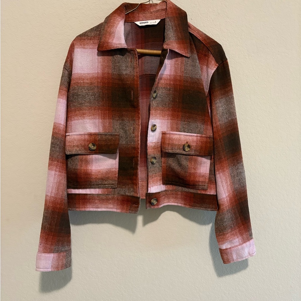Sonoma Goods for Life Women's Cropped Plaid Utility Jacket shacket pink brown